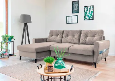 Produktbild von MIUFORM Lars Velours - Ecksofa mit Bettfunktion und Bettkasten - 223x148cm - Dunkelbeige - L-Form Links - Schlafsofa Couch