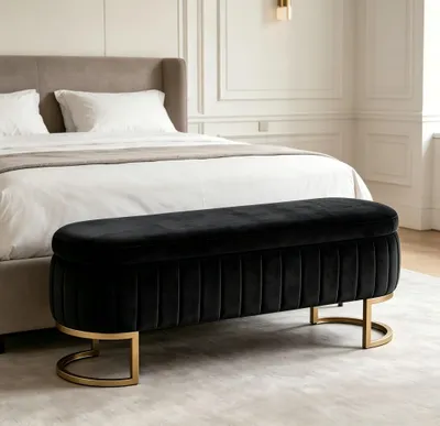 Immagine prodotto di Panca multifunzionale con spazio contenitore, panca da letto con gambe in metallo dorato, panca imbottita con vano portaoggetti, ideale per la camera da letto, colore nero