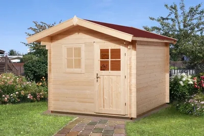 Produktbild von WEKA 106.2525.10.00 Premium Gartenhaus/Blockbohlenhaus Nagold 2 mit Vordach (60 cm)/Einzeltür/Einzelfenster ; Größe: 2 ; Farbgebung: Naturbelassen ; Wandstärke: 28 mm ; Maße (LxBxH): 310 cm x 250 cm x 251 cm ; Seitenwandhöhe: 210 cm