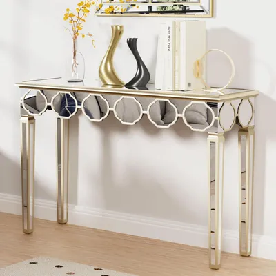 Image de Vrygle console dorée 120×35×76 cm, table d’entrée étroite en verre miroir design moderne