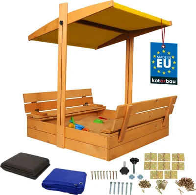 Produktbild von KOTARBAU® Sandkasten mit Abdeckung 100 x 100 cm Großer Braun Holzsandkasten mit Gelb Dach Sandkasten mit Deckel Sandkasten mit Dach Gartenspielzeug Kinder imprägniert verschließbar mit Bänken