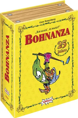 A yellow box for the board game Bohnanza, featuring a cartoon bean character.
