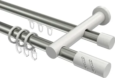 Produktbild von Interdeco Rundrohr-Innenlaufstange / Gardinenstange (Kombination) Edelstahl-Optik / Weiß, Typ Platon Zoena (Glitzerzylinder), 20 mm Ø 2-läufig, 600 cm