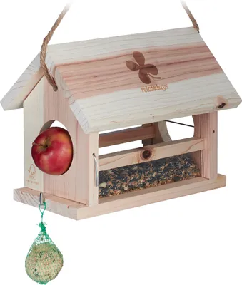 Produktbild von Relaxdays Vogelfutterhaus, mit Meisenknödelhalter & Apfelhalterungen, HBT: 24 x 31 x 20cm, wetterfestes Vogelhaus, natur