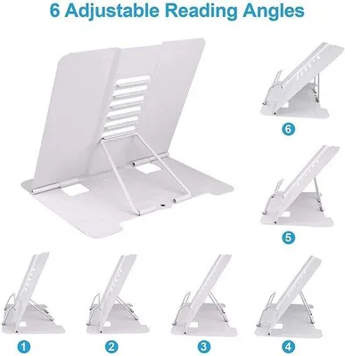 Imagen del producto de Soporte para libros Ibenzoa®, plegable y ajustable: soporte de lectura de acero inoxidable para libros, libros de cocina y tabletas, con 6 ángulos de inclinación, antideslizante, 21,1 x 16 cm, color