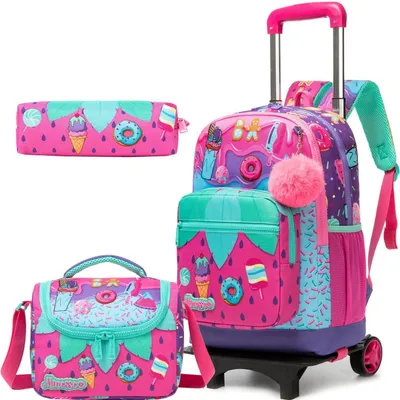 Productafbeelding van 3-in-1 rugzak met trolleyfunctie voor meisjes, met wielen (afneembaar) - set met ijsdessertprint, inclusief lunchtas en pennenetui, roze
