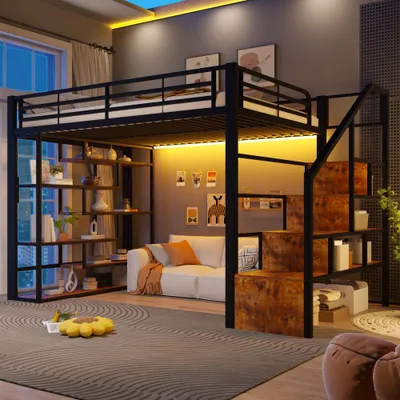 Produktbild von Hochbett mit integrierten Stufen, Ablagefach, LED-Licht & offenem Stauraum, Metall+MDF in Schwarz, 140x200cm