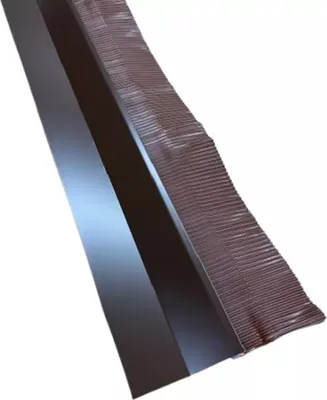 A close-up view of a brown metal flashing with a textured edge and a smooth dark gray section, set against a white background.