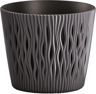 A dark gray, textured planter pot is shown against a white background.