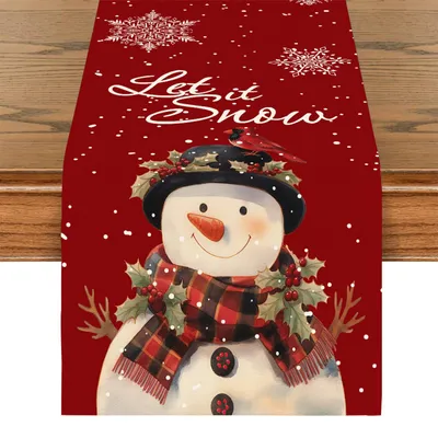 Productafbeelding van Tafelkleed - Met sneeuwpop- en sneeuwvlokkenmotief - Voor tafeldecoratie - 33 x 183 cm