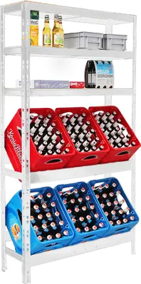 A white metal shelving unit filled with crates of beverages.
