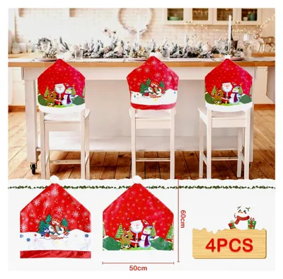 Produktbild von Weihnachtliche Stuhlhussen im 4er Set, Stuhlabdeckung mit Nikolausmütze, für Esszimmer und Dekoration 60×50cm
