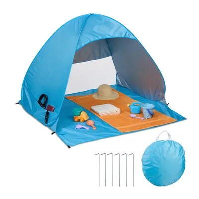 Produktbild von Relaxdays Strandmuschel Pop up, UV Schutz 50, mit Heringen & Tragetasche, HxBxT: 110 x 140 x 145 cm, 2 Personen, blau