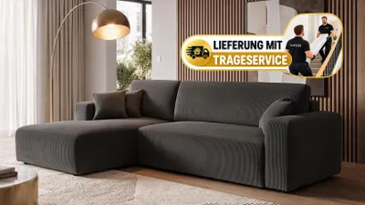 Produktbild von Ecksofa, Schlafsofa, mit Bettkasten 279x187cm CORD (ANTHRAZIT) - LINKS - PULA