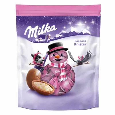 Zdjęcie produktu dla Cukierki Milka Knister z nadzieniem mlecznym i granulkami sorbetu 86g