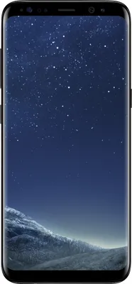 A Samsung Galaxy S8 smartphone displaying a starry night sky and a mountain landscape wallpaper.