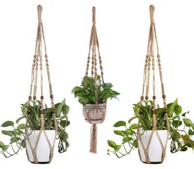 Image de Suspension pour plantes en macramé, lot de 3, suspension d'intérieur, support pour pot de fleurs, suspension avec corde en coton pour l'intérieur et l'extérieur, plafonds, balcons, décoration murale, 88/90/92 cm (marron)