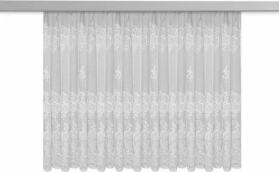 A white lace curtain hanging from a rod.