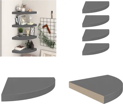 Obrázek produktu pro vidaXL Rohové plovoucí police 4 ks. MDF 35x35x3,8 cm, vysoký lesk, šedá - Nástěnná police - Nástěnné police - Plovoucí nástěnná police - Plovoucí nástěnná police