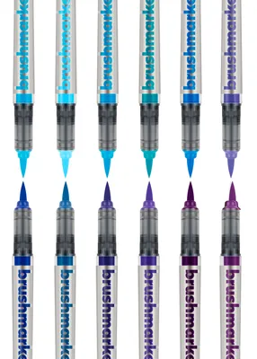 Productafbeelding van Karin BrushmarkerPRO, blauw, cyaan, indigo, paars, turquoise, violet, aquakleur, blauw, cyaan, indigo, paars, turquoise, violet, 12 kleuren, rond, doos, kunststof