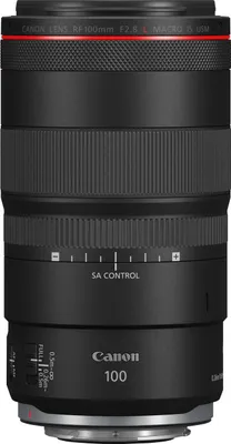A close-up studio shot of a Canon RF 100mm F2.8 L MACRO IS USM lens.