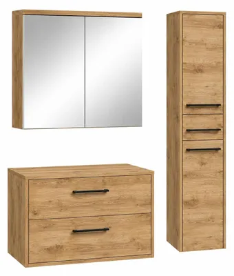 Image de Badplaats Ensemble Meuble Sous-Vasque Florence 80 x 46 cm - Chêne Châtaignier - avec Armoire de Toilette et Colonne