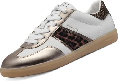 A single white sneaker with gold and leopard print accents is shown against a white background.