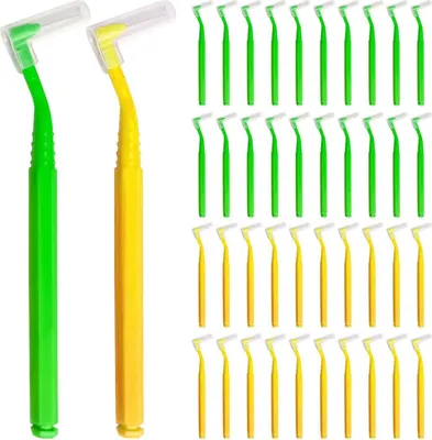 Image de 40 brossettes interdentaires en forme de L pour le nettoyage des dents et l'élimination de la plaque dentaire, jaune vert