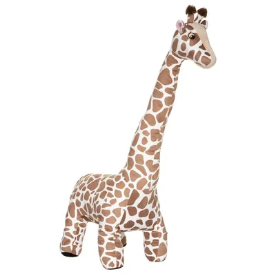 A plush giraffe toy standing on a white background.