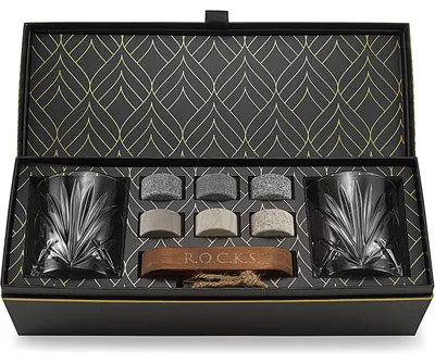 Whisky-Kühlsteine Geschenkset – 6 Granitsteine + 2 Gläser + Tablett
