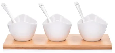 Produktbild von 3-teiliges Porzellanschüssel-Set mit Saucenschale, Weißer Bambus, DUKA