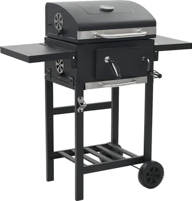 A black and silver outdoor grill on a white background.