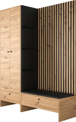 Produktbild von MIRJAN24 Garderoben-Set Balma III, Kleiderschrank, Unterschrank mit Lamellen, 6x Gepolstertes Paneel 42x42 (Farbe: Artisan Eiche / Artisan eiche + Schwarz, Soft 011)