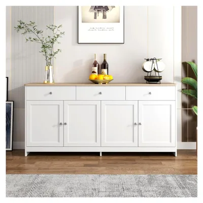 Produktbild von Sideboard in Weiß für Wohnzimmer und Esszimmer, Kommode mit 4 Türen und 3 Schubladen, 160x37x75 cm, Natur & Weiß
