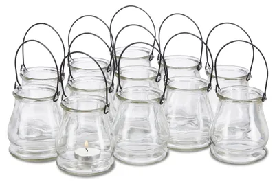 Productafbeelding van Relaxdays windlichten van glas, set van 12, ronde glazen vaas met handvat, decoratie voor binnen en buiten, 10 cm hoog, transparant