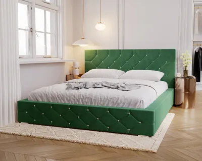 Obrázek produktu pro Čalouněná postel 180x200 cm Solar – manželská postel s roštem – krystaly, sametová látka, úložný prostor – ložnicová postel zelená