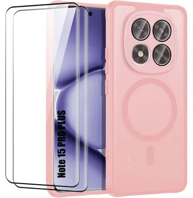 Image de Coque + 2 Verres Trempés pour Xiaomi Redmi Note 15 Pro Plus 5G, avec Anneau Magnétique - Rose