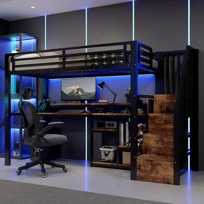 Produktbild von Flieks Etagenbett 90x200cm mit Schreibtisch und Ablage, Kinderbett Hochbett mit Led und Ladefunktion, Jugendbett Metallbett mit Treppe, Schwarz