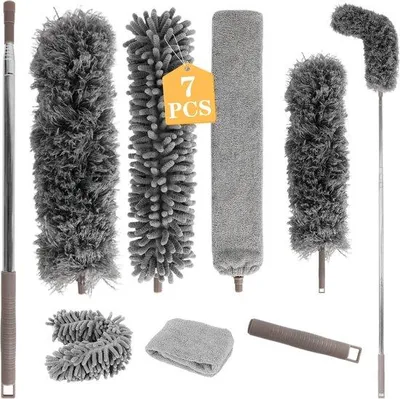 Produktbild von Unyqoos® 7‑teilig Teleskop-Staubwedel Set, waschbare Microfaser- & Chenille-Aufsätze, rostfreier Teleskopstab bis 250 cm, Spinnweben- & Deckenreiniger