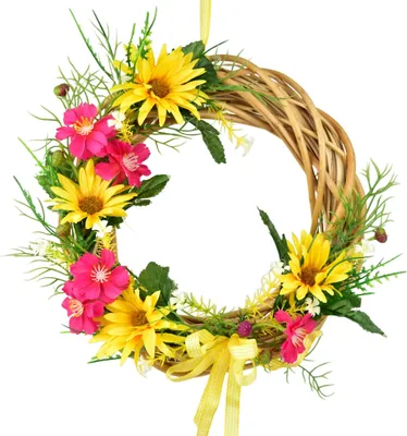 Image de Couronne d'été en osier avec marguerites jaunes Ø25 cm