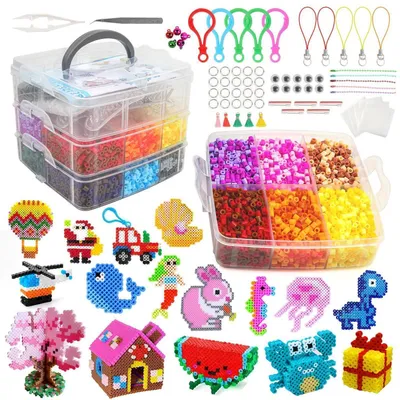 Immagine prodotto di Set di perline termoadesive da 11.000 pezzi, diametro 5 mm, 24 colori, con 5 piastre sagomate e 46 modelli per bambini, ideali per progetti fai-da-te, inclusa una scatola per la conservazione