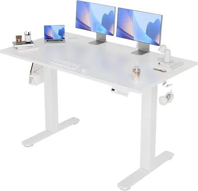 Produktbild von Höhenverstellbarer Schreibtisch 120x60cm Elektrisch, Steh-Sitz Tisch mit 2 Haken und 3 Memory-Funktion, Verstellbarer Computertisch, Weiß