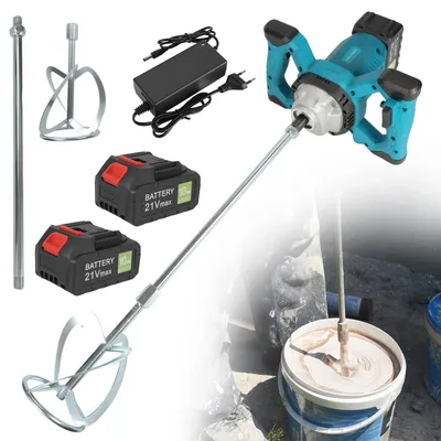 Produktbild von Handbetonmischer - Akku Rührwerk - 21V kabellos - 6 Gänge - Mischpaddel für Farbe Mörtel Beton - Set mit 2 Akkus
