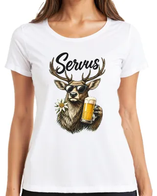 Obrázek produktu pro Sluneční brýle "Servus Hirsch Bier", bavorské tradiční oblečení "Edelweiss", pánské kožené kalhoty "Lederhose", dámské halenky "Dirndl", dámské tričko, bílá barva, velikost L