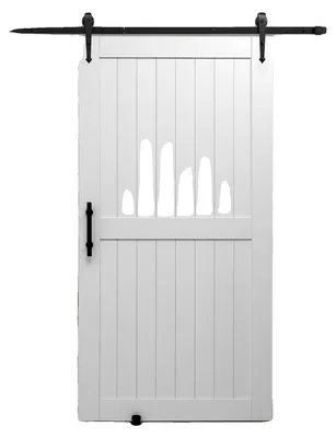 Produktbild von VEVOR Schiebetür für Scheunen, 914 x 2134mm, Hochfester MDF-Panel, Scheunentür mit Montageset, Wasserfeste PVC-Oberfläche, Einfach zu installieren, H-Rahmen, Sanft und leise gleitend für Wohnzimmer, Badezimmer, 106x213 cm, Kiefernholz+MDF-b