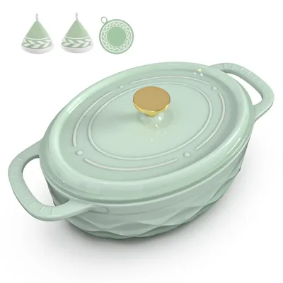 Produktbild von Gusseiserner Topf (7,1 Liter), ovale Form, inklusive Ofenhandschuhen und hitzebeständiger Matte, geeignet zum Backen in der Küche,Grün