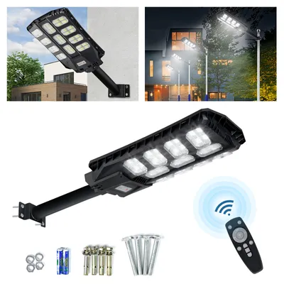 A collage of images showing a solar street light, its components, and examples of its use.
