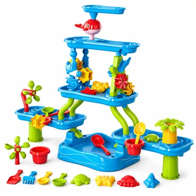 Imagen del producto de Relaxdays, mesa de juegos con agua, 5 niveles, muchos accesorios, dimensiones: 55x78x55 cm, cocina de barro para agua y arena, plástico, de varios colores, Imagen generada por IA