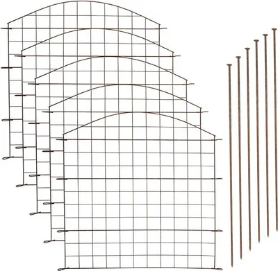 A set of garden fence elements and stakes on a white background.