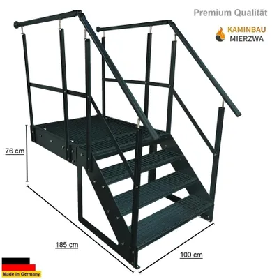 Produktbild von Podesttreppe Stahltreppe 4 Stufen Freistehend Höhe 76cm inklusive Podest 100x100cm mit Geländer Anthrazit Ausrichtung Treppe Vorne (Front) Außentreppe